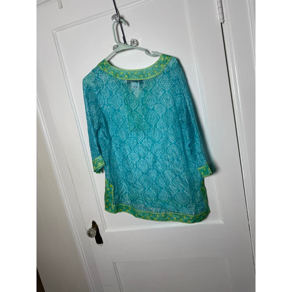 Gretchen Scott Blue Green Floral Silk Sheer Flowy Tunic Top Women's Size Small - Picture 7 of 8